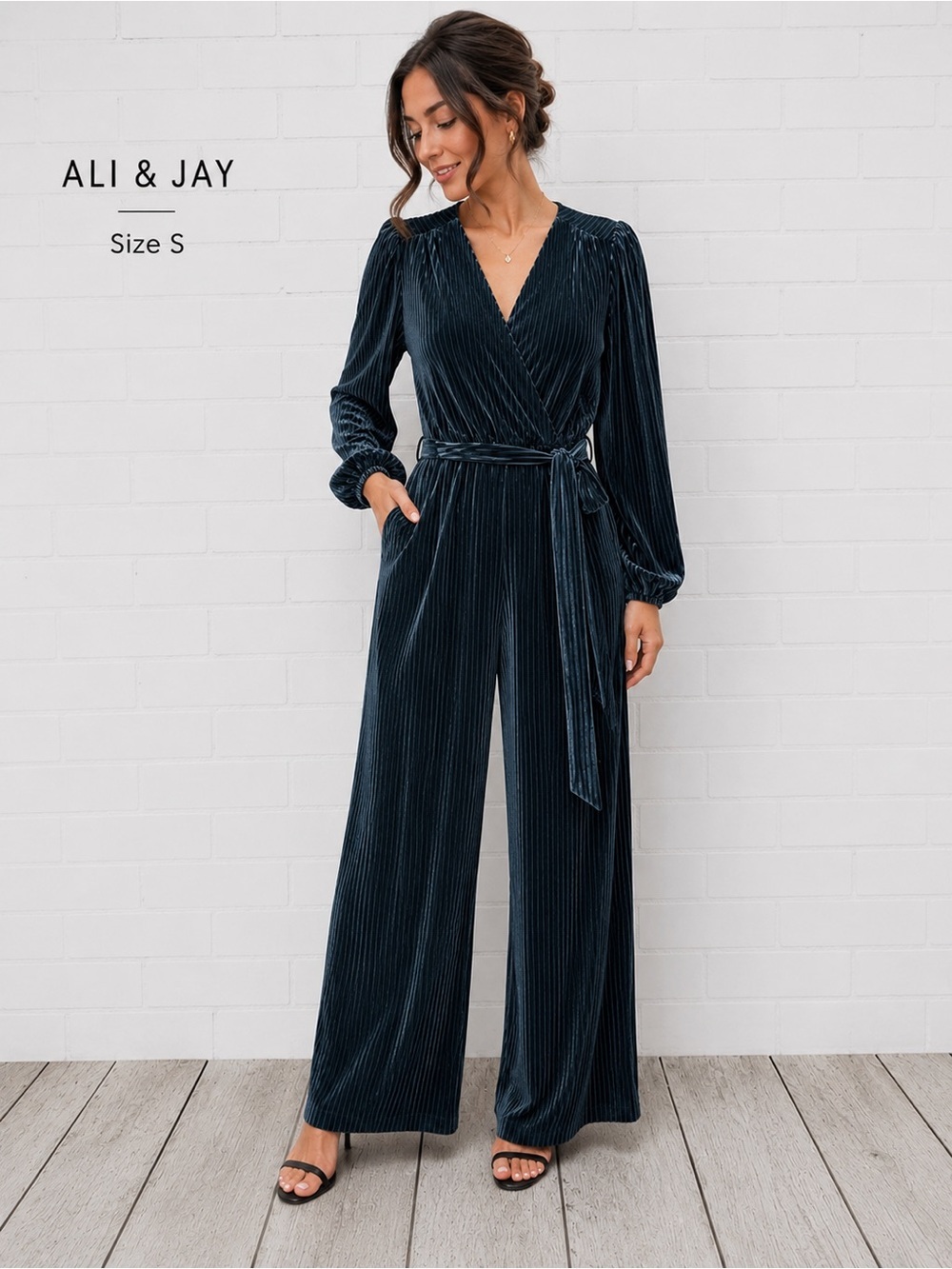 ALI & JAY Velvet Pleated Wide Leg Jumpsuit Size S Blue Long Sleeve Belted